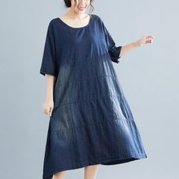 Johnature Women Summer Denim Dress Loose Comfortable Solid Colour Short Sleeve O-neck Pockets Leisure Korean Dress 210521