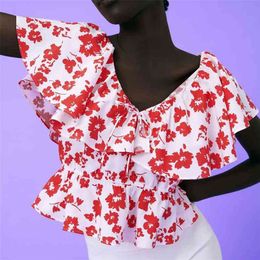 Women Summer Sweet ZA Blouses Shirts Tops Floral Print V-Neck Ruffles Tunic Female Vintage Street Top Clothing Blusas 210513
