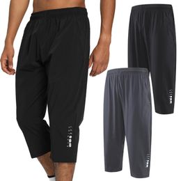 Men Cropped Pants Gym Quick Dry Sports Running 7 Points Pant Prints Training Fitness 3/4 Trousers Zipper Pocket Jogger Sweatpant