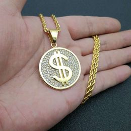 Hip Hop Iced Out Dollar Sign Pendant Chain Gold Silver Colour Stainless Steel Round Necklace For Women Men Jewellery