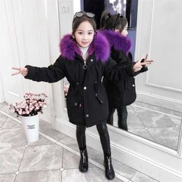 Girls Winter Coat Child Mid Length Thick Jacket and Velvet Cotton Kids Hooded Warm Outerwear Clothes for 12 Year 211203
