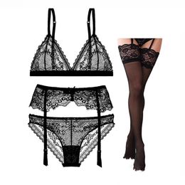 Sexy lace ultra thin comfortable wire free underwear set women's girl breathable lingerie bra+panties+garter+stockings 4pieces X0526
