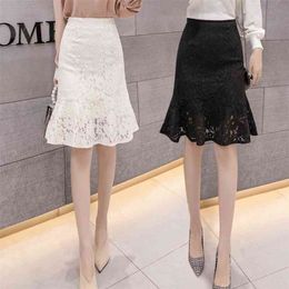 High waist lace women's summer slim ruffled hip skirt Knee-Length Casual 210416