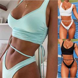 Cikini Women's Sexy Bikini Fashion Solid Low Waist Two Piece Push Up Swimsuit Swimming Summer Beach Brazil 210702