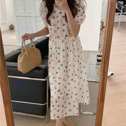 Summer Dress Gentle Retro White Beach Floral Printing Elegant French Loose Women Vinage Chic Long Sundress 210525