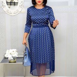 Women Dresses Navy Blue Polka Dot with Mesh Two Pieces Set O Neck Long Sleeves Elegant Fashion Vestidoes Classy Female 210416