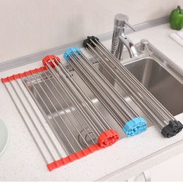 Colanders & Strainers 304 Stainless Steel Sink Drain Rack Non-slip Silicone Water Philtre Roller Shutter Kitchen Waters Control Foldable Storage WH0249