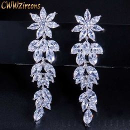 Luxury Marquise Cluster Flower Shape Cubic Zirconia Long Dangle Drop Earrings for Brides Wedding Jewellery CZ432 210714