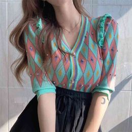 Korea Chic Sweet V-neck Contrast Rhombic Beading Decorative Design Button Slim Short Sleeve Sweater Cardigan Women 210529