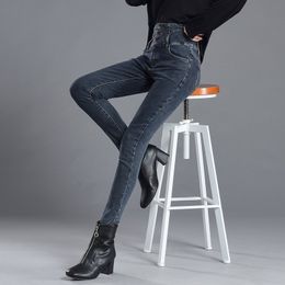 Winter Woman's Jeans Plus Size Warm Elastic Pencil Pants High Waist Black Boyfriends Mom Korean Vintage Jean 210428