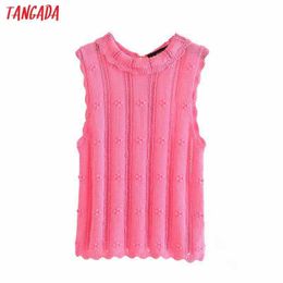 Tangada Korea Chic Women Ruffles Pink Hollow Out Thin Sweater Sleeveless Ladies School Style Knitted Jumper Tops 3H541 210609