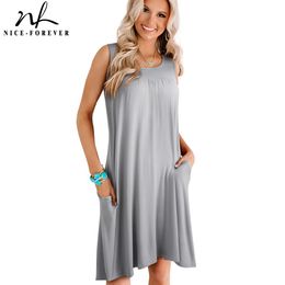 Nice-forever Summer Basic Pure Color Sleeveless Dresses Straight Shift Loose Women Casual Dress A219 210419