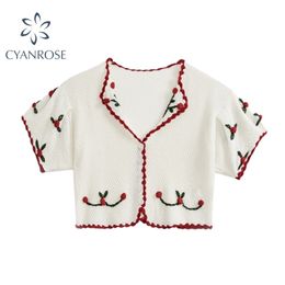 Women's Vintage Knitted Crop Blouses Embroidery Mori Girl Korean Elegant Short Sleeve Summer Shirt Female Casual Holiday Tops 210515