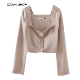 Spring Stylish Knitting Square Collar Cardigan Sweater Woman Covered Button Long Sleeve Short Jumper kleding jerseis 210429