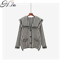 Women Spring Houndstooth Black and White Retro Sweater Cardigans Turn Down Collars Big Pocket Loose Knit Jacket 210430