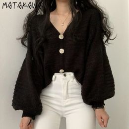 MATAKAWA Simple Thin V-neck Women's Sweater Large Buttons Loose Solid Colour Lantern Sleeves Short Knitted Cardigan for Women 210513