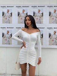 High waWist Mini Dress For Women Sexy Bodycon Long Sleeve Vestidos Club Outfits Party es White 210604