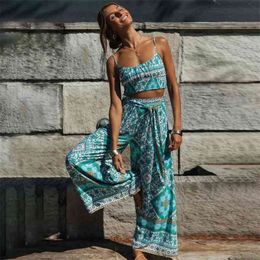 Jastie Boho Vintage Pattern Print Women 2 Piece Set Spring Midriff Baring Wide Leg Pant Retro Chic Beach Vacation Women Set 210419