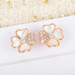 Brand Pure 925 Sterling Silver Jewelry Women Rose Gold Cherry Flower Earrings Luck Clover Design Wedding Party Mother Of Pearls