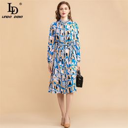 Bohemian Summer Vacation Dress Women Fashion Runway Long sleeve Geometric print Bow Belt Shirt style Midi 210522