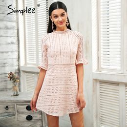 Elegant hollow out lace women Half sleeve summer style midi white Spring short casual dress vestidos 210414