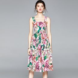 Summer Brand Designer Spaghetti Strap Boho Dress Women Elegant Floral Print Hight waist Patchwork Holiday Dresses 210514