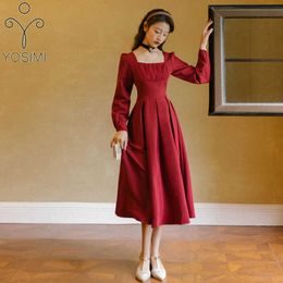 YOSIMI Rotwein Langes Kleid für Frauen Vintage Herbst Volle Hülse Mitte der wade Quadrat Kragen Empire Party Elegante Vestido 210604