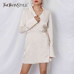 Casual White Dress Women V Neck Long Sleeve High Waist Lace Up Bowknot Mini Dresses Female Summer Fashion 210520