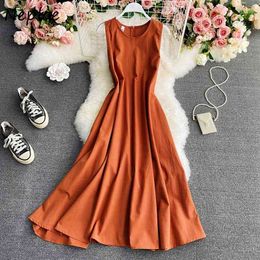 Neploe O Neck Pullover Sleeveless Dress Women High Waist Hip A Line Long Vestidos Draped Design Summer Holiday Robe 210510