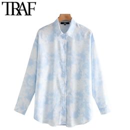 TRAF Women Fashion Tie-dye Print Loose Blouse Vintage Long Sleeve Button-up Female Shirts Chic Tops 210415