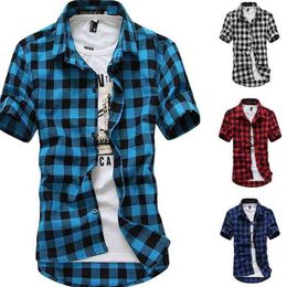 Mens Cheque Shirt Flannel Brushed Cotton Short Sleeves Casual Slim Fit Top Plus Size 210714