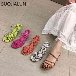 SUOJIALUN 2019 New Brand Women Sandal Fashion Snake Print Women Sandals Thin High Heels Open Toe Outdoor Slides Pumps C0407