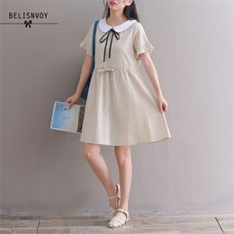 Japanese Preppy Style Summer Women Mini Dress Peter Pan Collar Khaki Blue String Femme Robe Cotton Linen Kawaii Student 210520