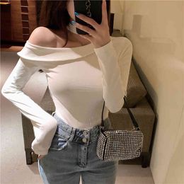 Sexy Bodycon Crop Top Solid Casual Women T Shirts Spring Long-sleeved T-shirt Slash Neck white tshirts 2571E 210420