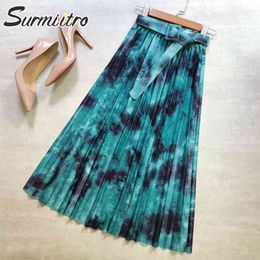 Spring Summer Autumn Women Korean Style Blue Green Tie Dye High Waist Midi Long Pleated Skirt Female With Belt 210421