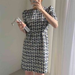 Vintage Tweed Slim Waist Women Short Mini Dress Summer Elegant Female A-line Woollen Office Work Wear Vestidos Femme Robe 210514