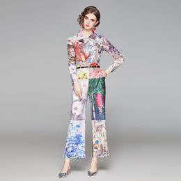 Fashion Runway Spring Summer Pants Two Piece Set Women Long Sleeve Floral Print Shirts + Casual Long Flare Pants Suits 210514