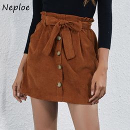 Neploe Chic Button Drawstring High Waist Women Skirt Autumn Winter A Line Skirts Solid Color Double Pockets Mini Jupe 210423