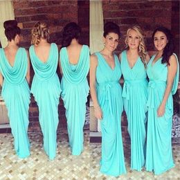 Turquoise Bridesmaid Dresses 2022 Chiffon V Neck Floor Length Ruched Maid Of Honor Gown Beach Wedding Party Vestidos Plus Size Sheath Formal Evening Wear 403 403