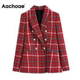 Aachoae Chic Plaid Tweed Blazer Women Double Breasted Office Wear Coat Female Notched Collar Long Sleeve Jackets Outerwear 210413