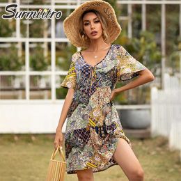 SURMIITRO Sexy Boho Short Sleeve Women Dress Summer Floral Print Sundress Lace Up Tunic Beach Party Sun Mini Dress Female 210712