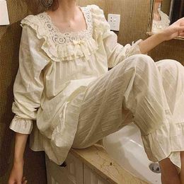 Vintage Embroidery Women's Pyjamas Sets Sweet Female White Comfortable Soft Cotton Pyjamas Long Sleeve Sleepwear Suits 210330