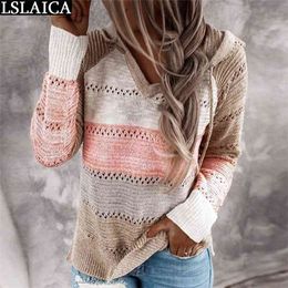 Women Sweater Striped Patchwork Loose Knit Casual Tops Plus Size Autumn Fashion Pullover Blouses Streetwear Girls Sweaters 210513