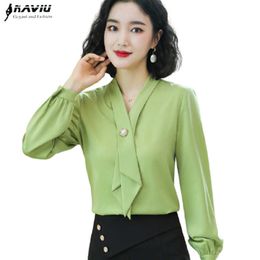 Fruit Green Shirt Women Desige Autumn Ribbon V Neck Fashion Temperament Chiffon Blouses Office Ladies Formal Work Tops 210604