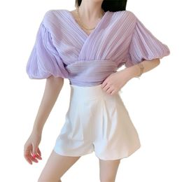 Pleated sexy V-neck lantern sleeve back hollow halter short top summer Korean fashion women's clothing y2k shirt 210520