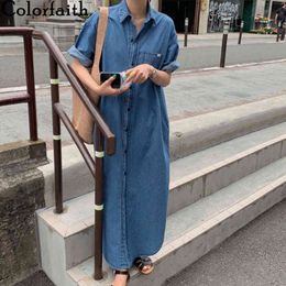 Colorfaith New 2021 Women Denim Dresses Summer Casual Vintage Single Breasted Turn-down Collar Pockets Loose Long Dress DR468 X0521