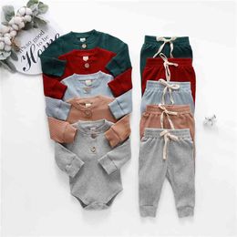 Free Autumn born Baby Clothes 2Pcs Cotton Comfortable Solid Infant Boys and Girls Suit Long Sleeve Romper+ Pants 210816