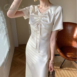 Elegant Satin Slip Draped Drawstring Silk Shiny Summer Women Minimalist Vintage Chic Party Midi Dress 210415