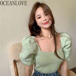 Short Puff Sleeve Women Blouses Solid Square Neck Sexy Slim Blusas Mujer Spring Summer Tops Vintage Shirts 210415