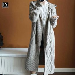 LY VAREY LIN Long Knitted Hooded Cardigan Women Autumn Winter Sleeve Thicken Wool Warm Soft Casual Sweater Coats 210526